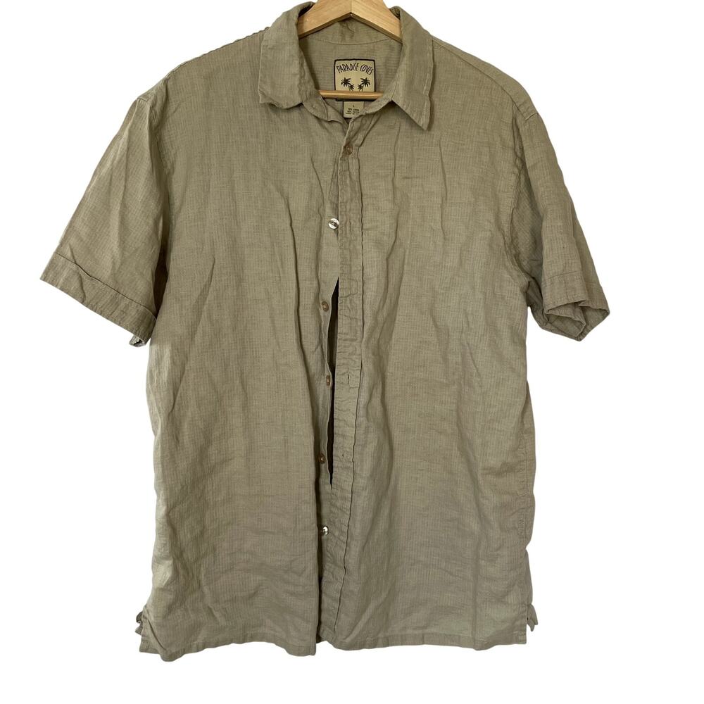 Paradise Coves linen blend sandy tan men's button down short sleeved shirt L‎